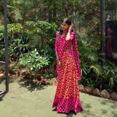 Cotton Gopika Dress in Pink Orange Color Vrindavan Style Radha Outfit for Women