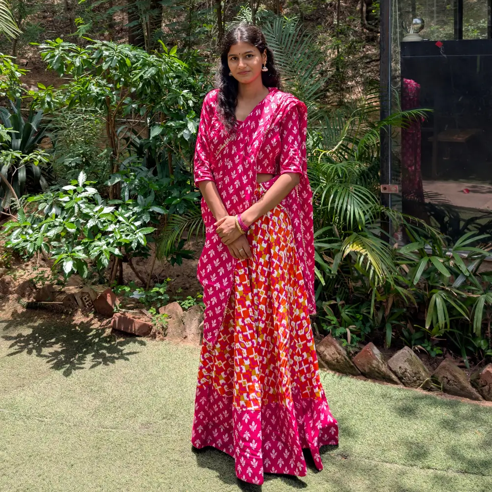 Pink Orange Cotton Gopi Dress for Women – Traditional Radha Outfit Front View