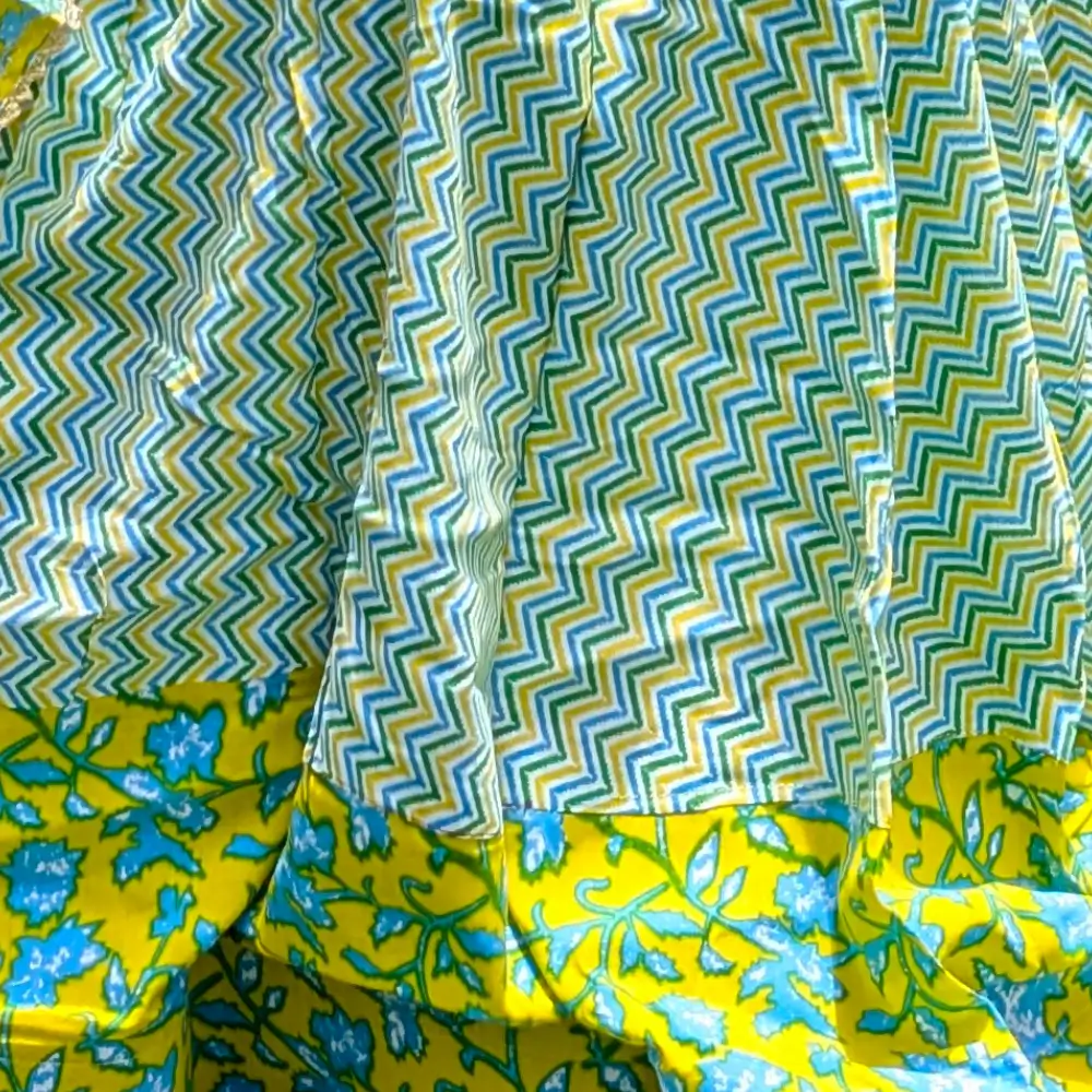 Close up of Yellow Blue Cotton Gopika Dress Floral Print Traditional Radha Outfit