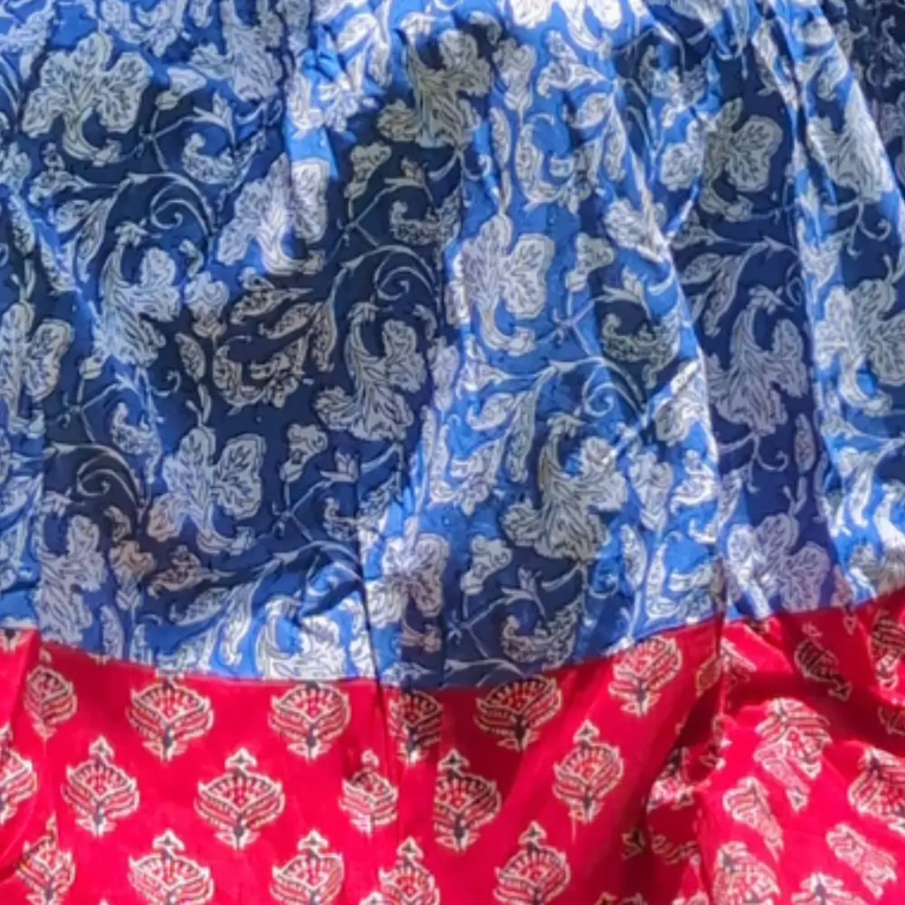 Close up of Navy Blue Red Cotton Gopika Dress Floral Print Traditional Radha Outfit
