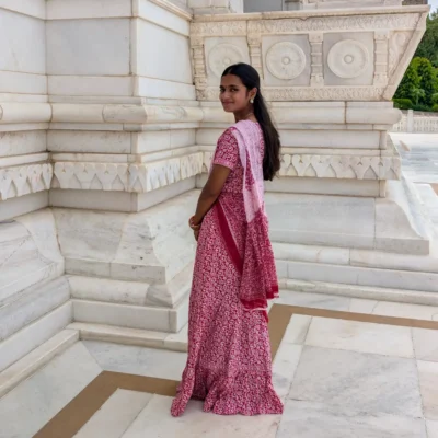 Maroon Pink Gopika Dress in Cotton Fabric Vrindavan Style Radha Outfit Side Back View