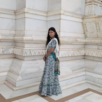 White Green Cotton Gopi Dress for Women – Traditional Radha Outfit Side View
