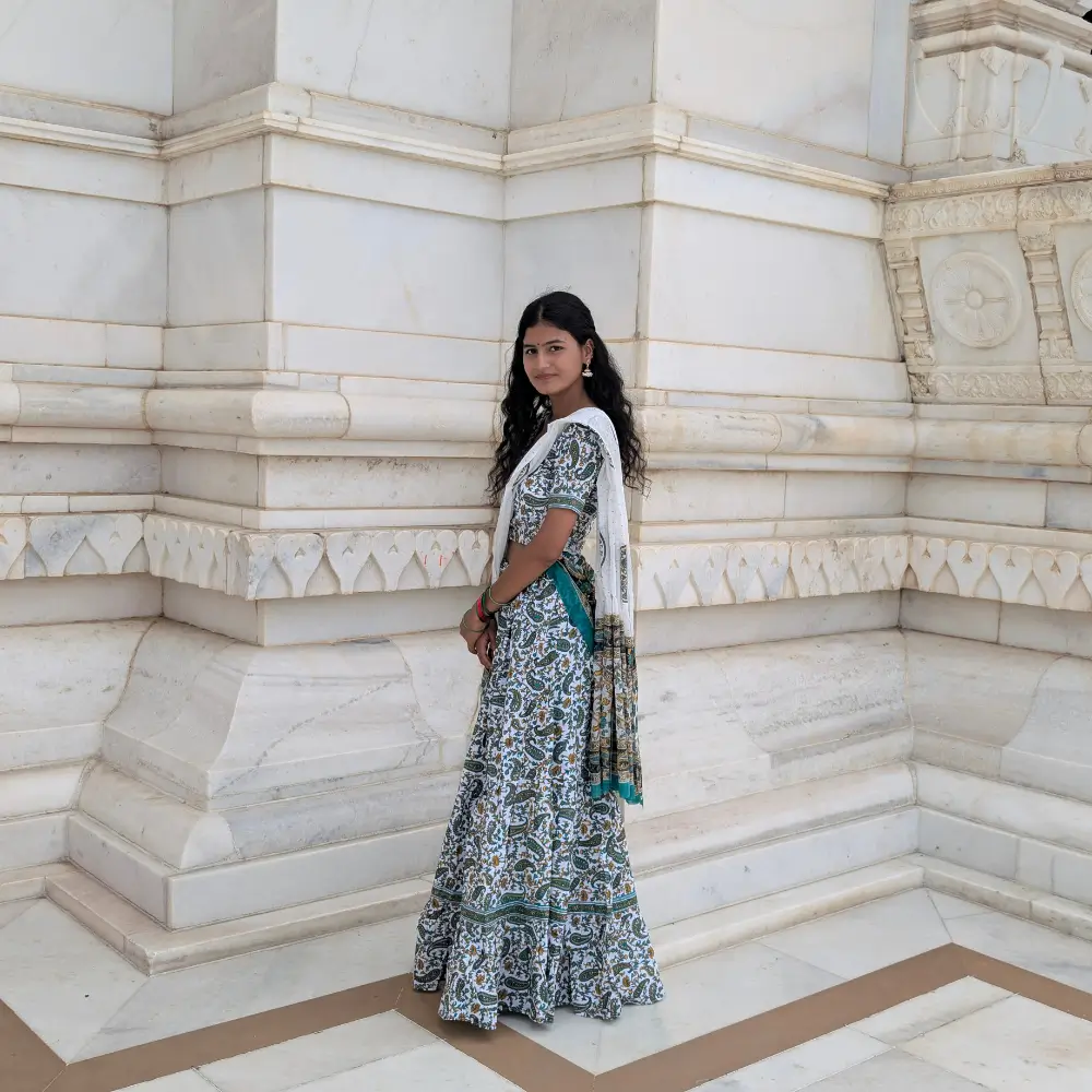 White Green Cotton Gopi Dress for Women – Traditional Radha Outfit Side View
