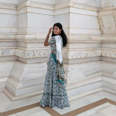 White Green Gopika Dress in Cotton Fabric Vrindavan Style Radha Outfit Back View