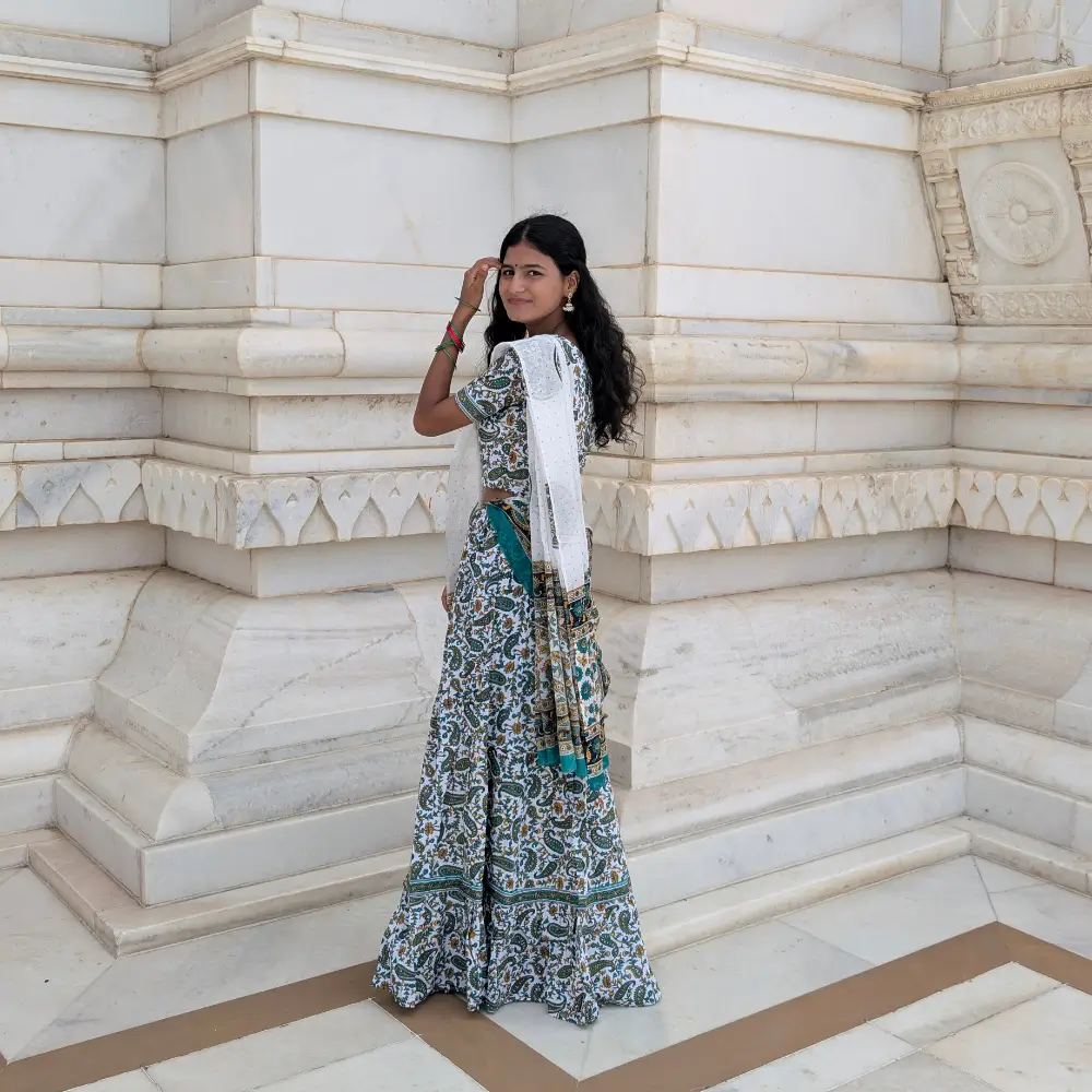 White Green Gopika Dress in Cotton Fabric Vrindavan Style Radha Outfit Back View