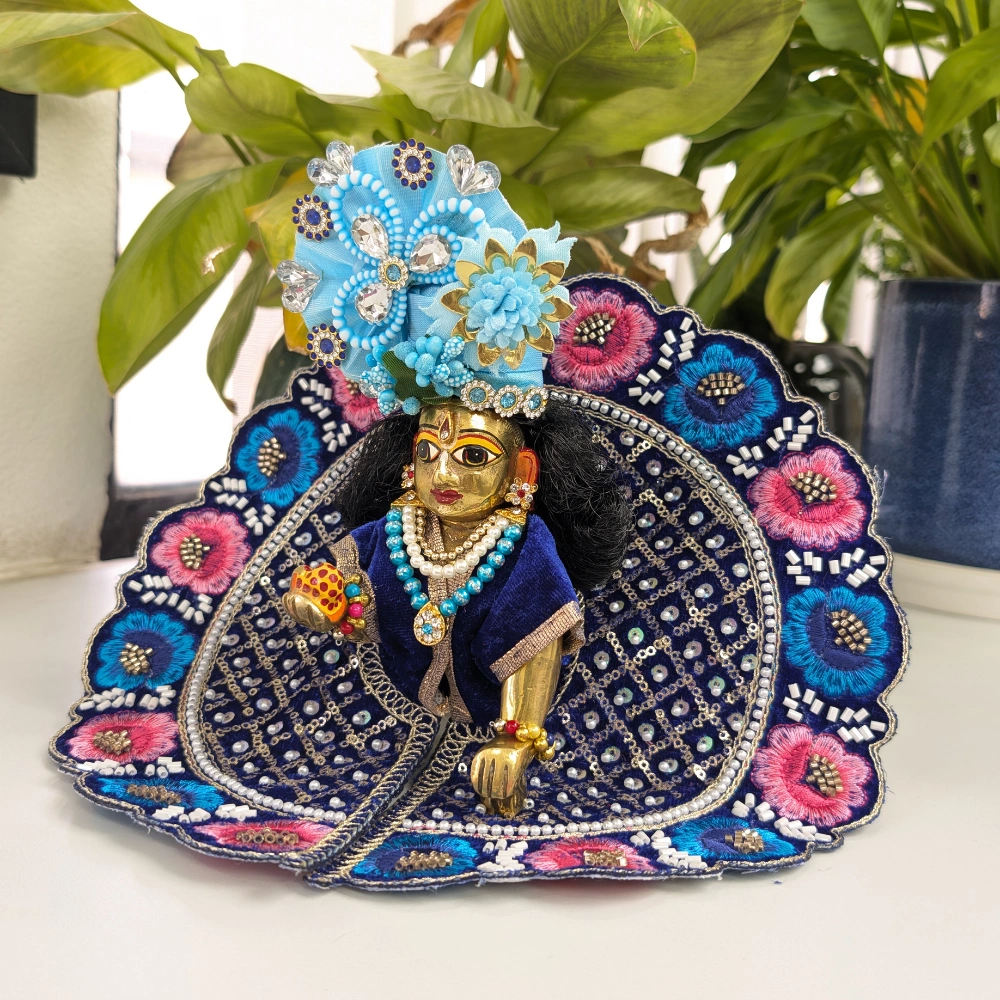 laddu gopal krishna blue poshak mukut dress floral embroidered stone work.webp