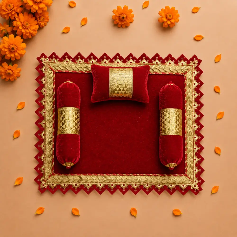 red velvet laddu gopal aasan pillow bolster set.webp