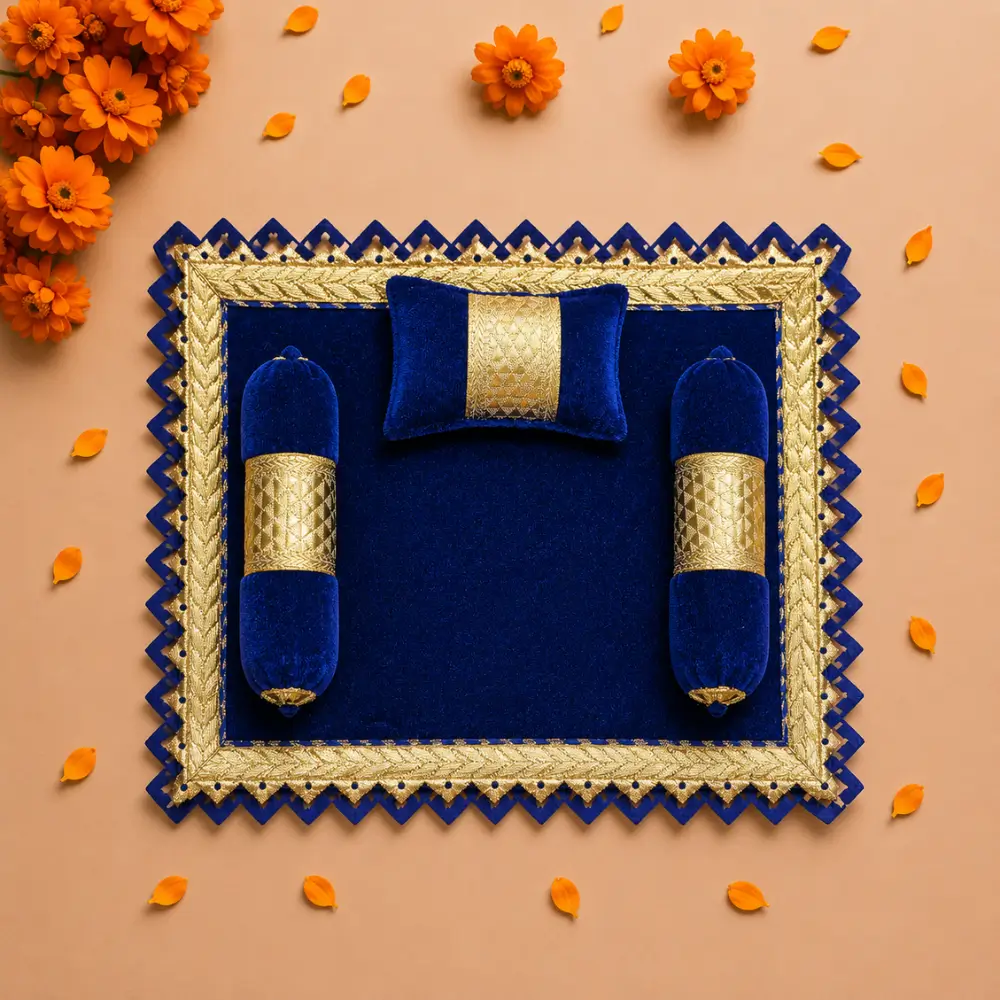 royal blue velvet laddu gopal aasan pillow bolster set.webp