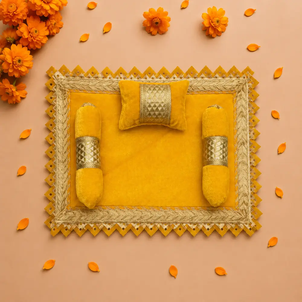 yellow velvet laddu gopal aasan pillow bolster set.webp