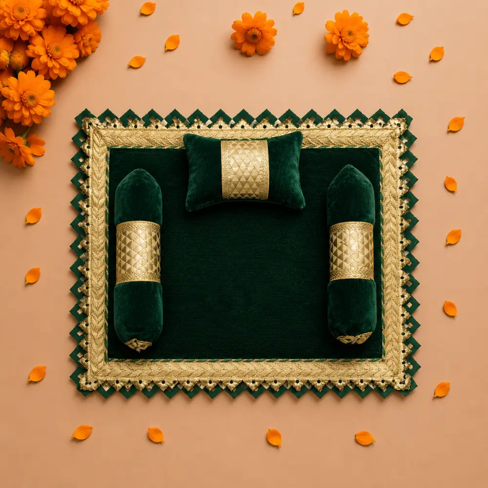 green velvet laddu gopal aasan pillow bolster set.webp