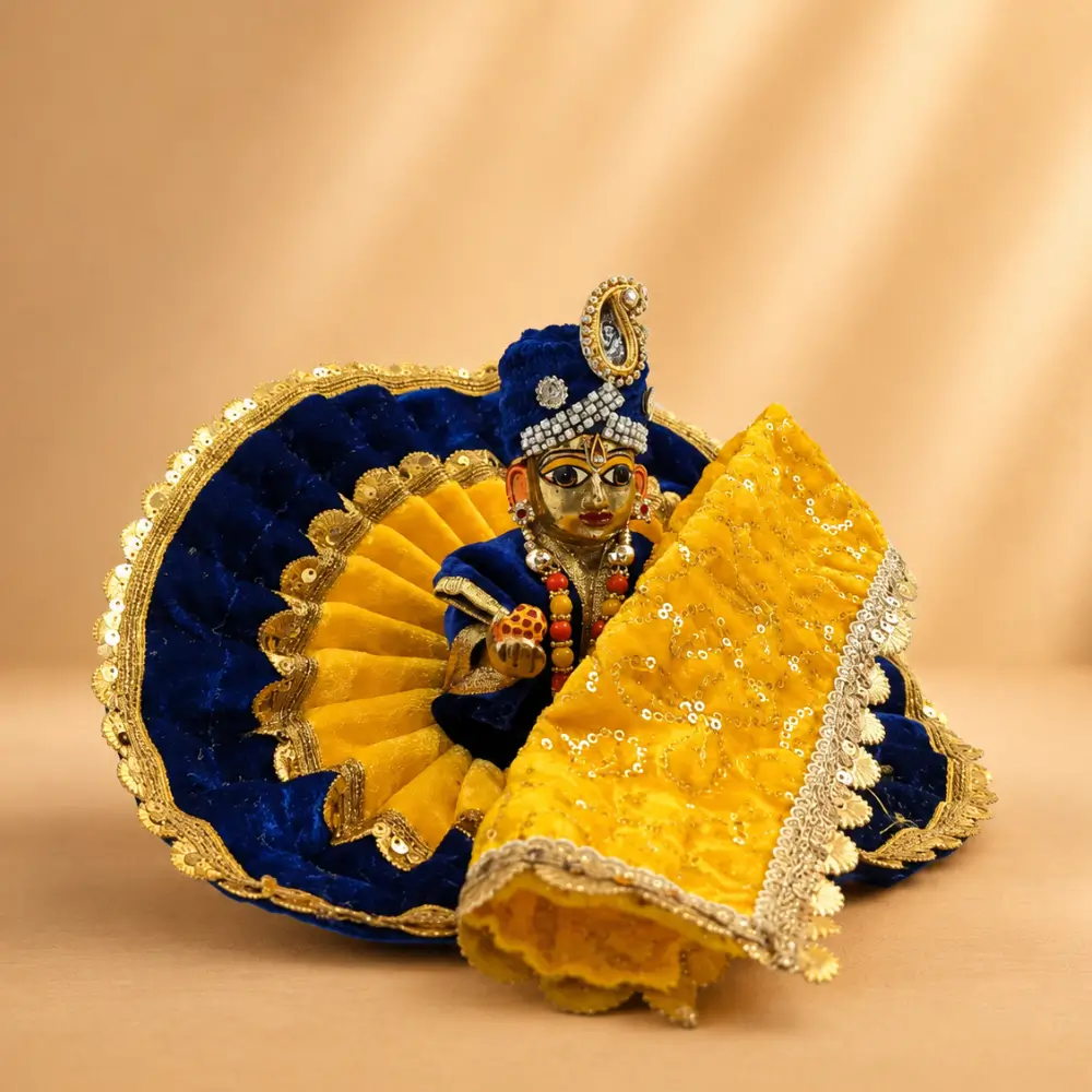 Royal Blue & Yellow Velvet Designer Laddu Gopal Dress with Matching Shawl