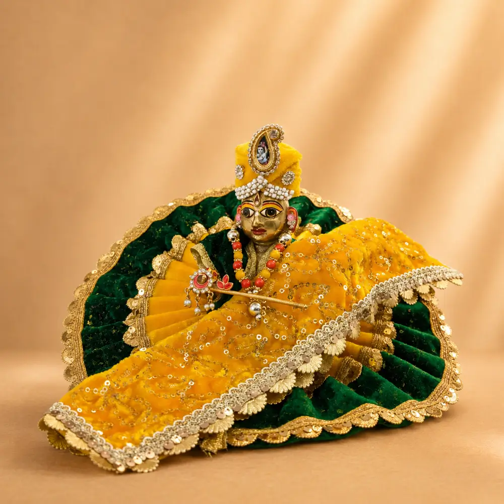 Green & Yellow Velvet Designer Laddu Gopal Dress with Matching Shawl