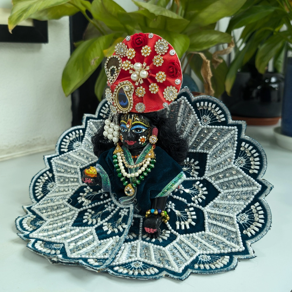 laddu gopal dark green velvet dress silver embroidery.webp