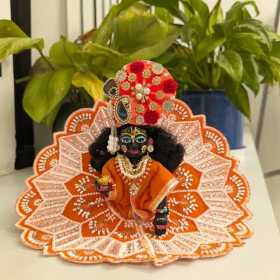 krishna idol orange silk poshak floral beadwork.webp