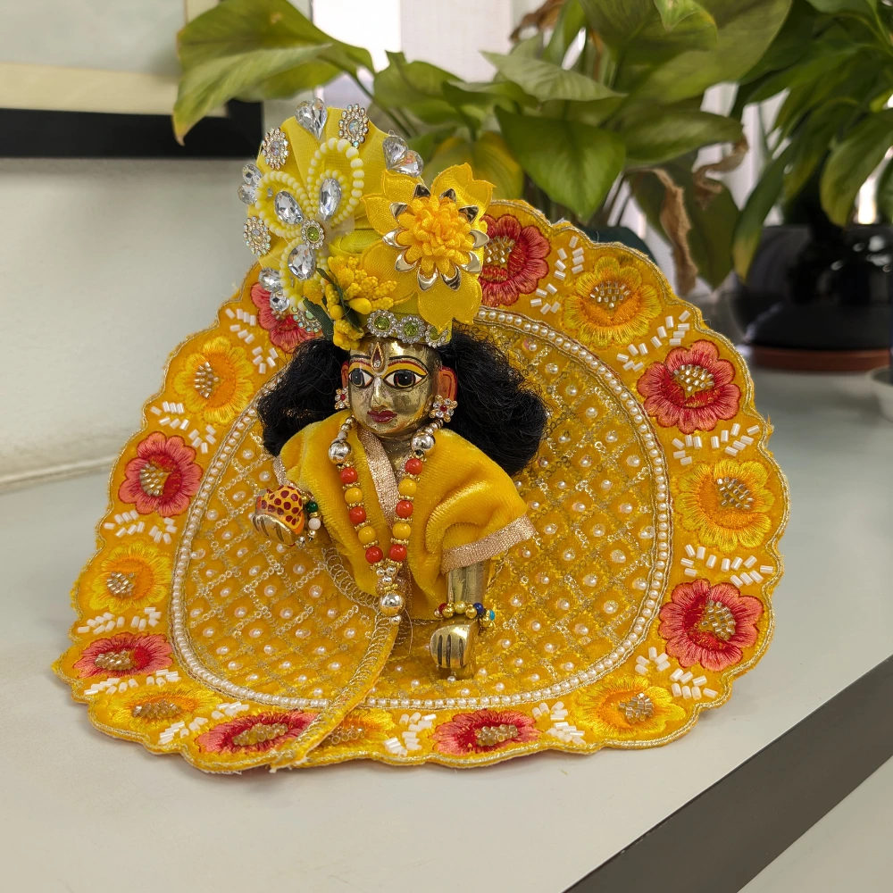 laddu gopal krishna yellow poshak designer mukut heavy embroidery stone work dress.webp