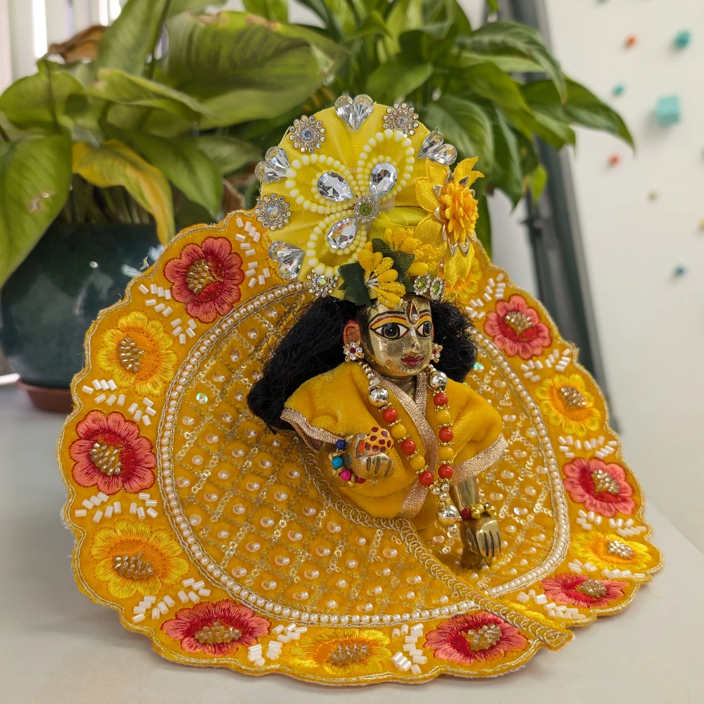 laddu gopal yellow floral embroidered krishna dress with mukut heavy work.webp