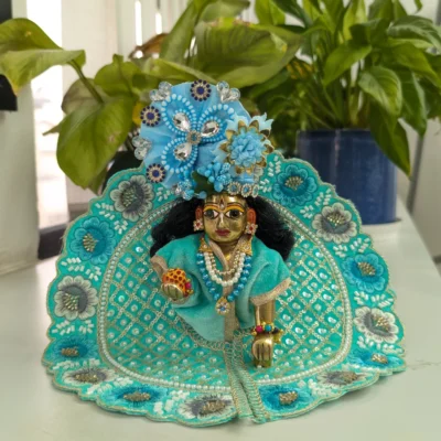 laddu gopal krishna aqua green poshak designer mukut heavy embroidery stone work dress.webp