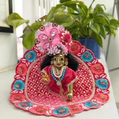 laddu gopal krishna pink poshak designer mukut stone work embroidered dress.webp