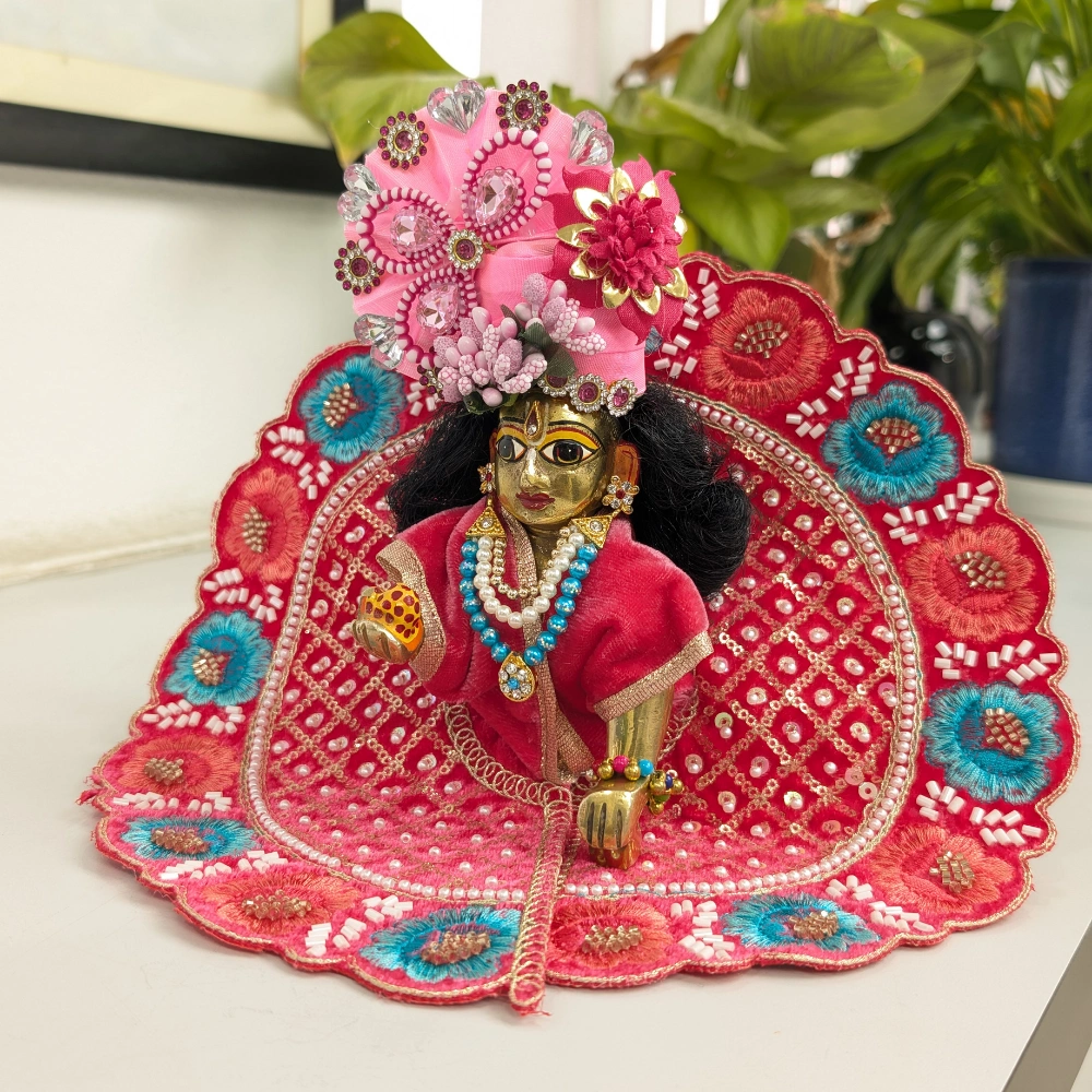 laddu gopal krishna pink poshak floral embroidered stone work festival dress.webp