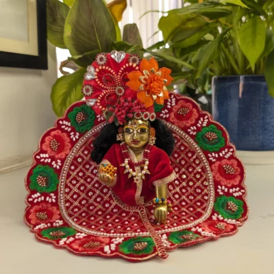 laddu gopal red designer poshak mukut floral embroidery.webp
