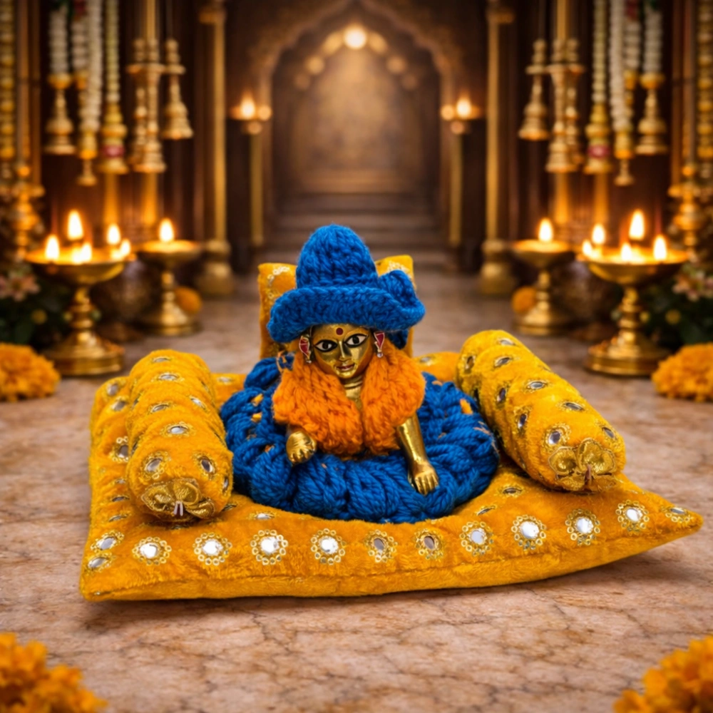 mahashringar krishna laddu gopal mustard yellow velvet aasan set with decorative pillows for home mandir pooja shringar