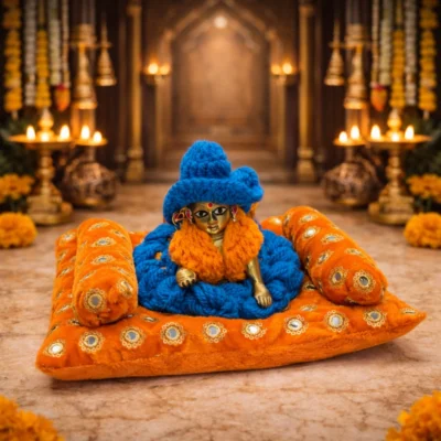 mahashringar krishna laddu gopal bright orange velvet aasan set with golden work cushion for janmashtami home temple decoration
