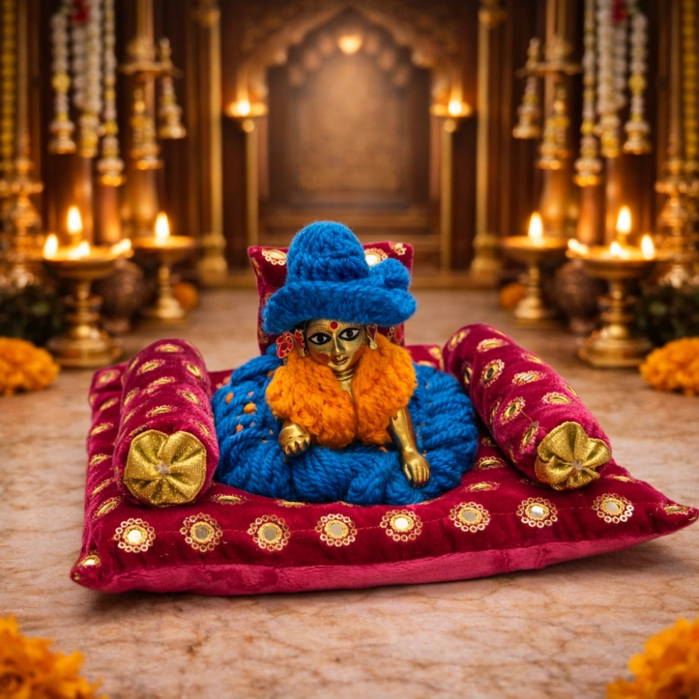 mahashringar krishna laddu gopal rani pink velvet aasan set with designer bolster cushion for home mandir festival pooja shringar