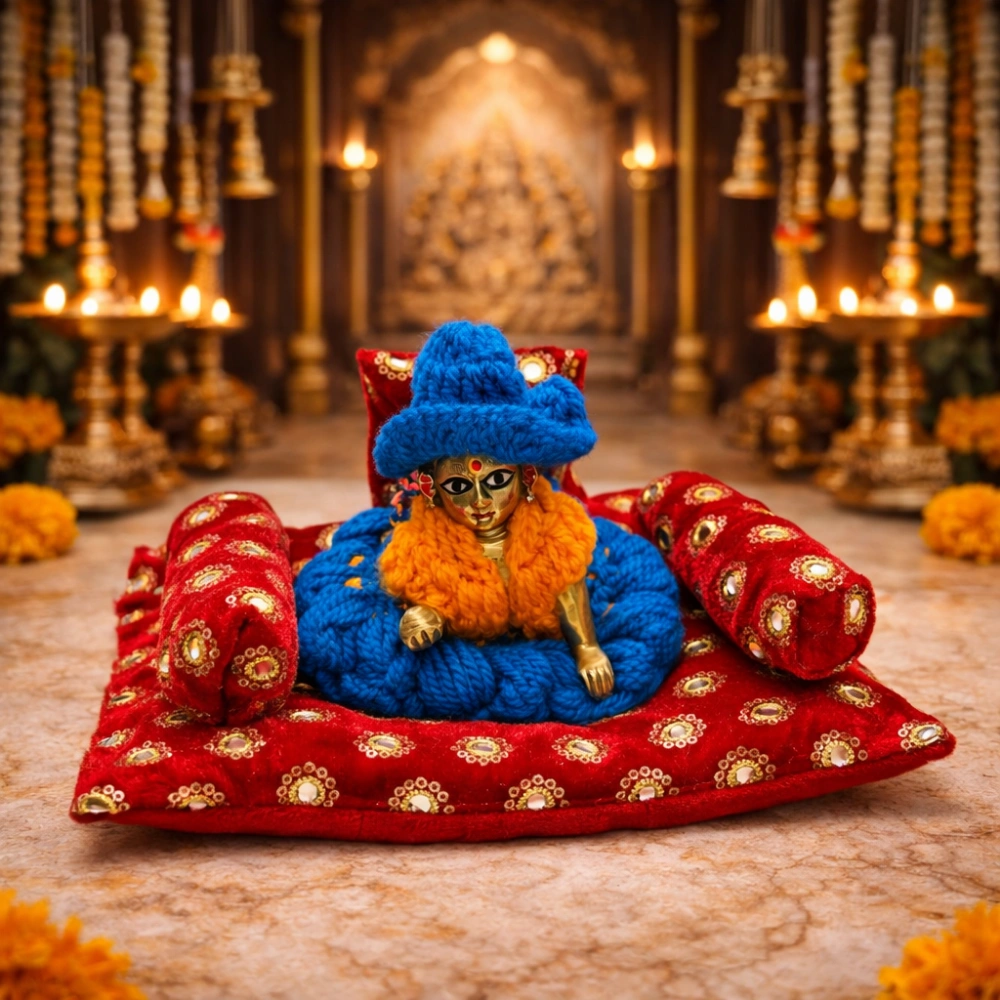 mahashringar krishna laddu gopal royal red velvet aasan set with embroidered cushion pillows for home temple pooja janmashtami decoration