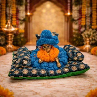 mahashringar krishna laddu gopal teal green velvet aasan set with decorative cushion bolster for home mandir pooja janmashtami shringar