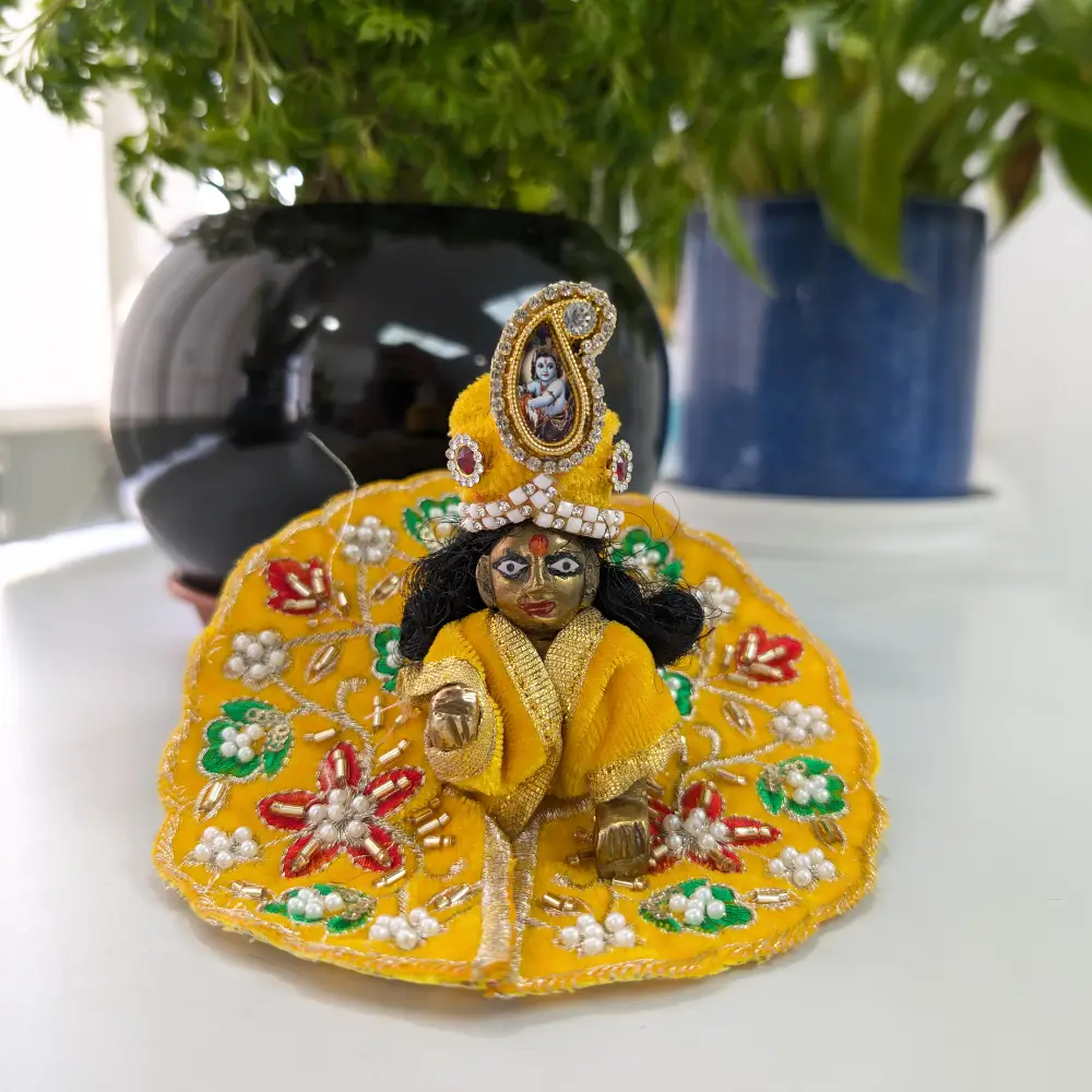 Yellow Velvet Laddu Gopal Heavy Sequin Work Poshak Mahashringar