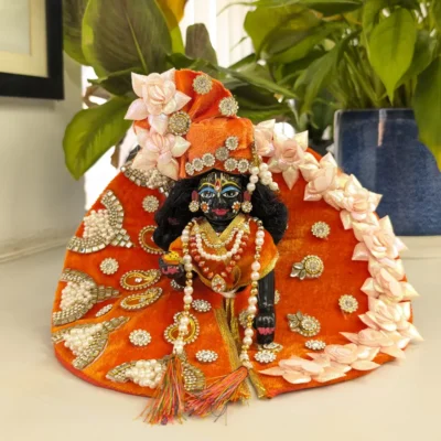Laddu Gopal dress size 5 orange designer shringar with pearl mala