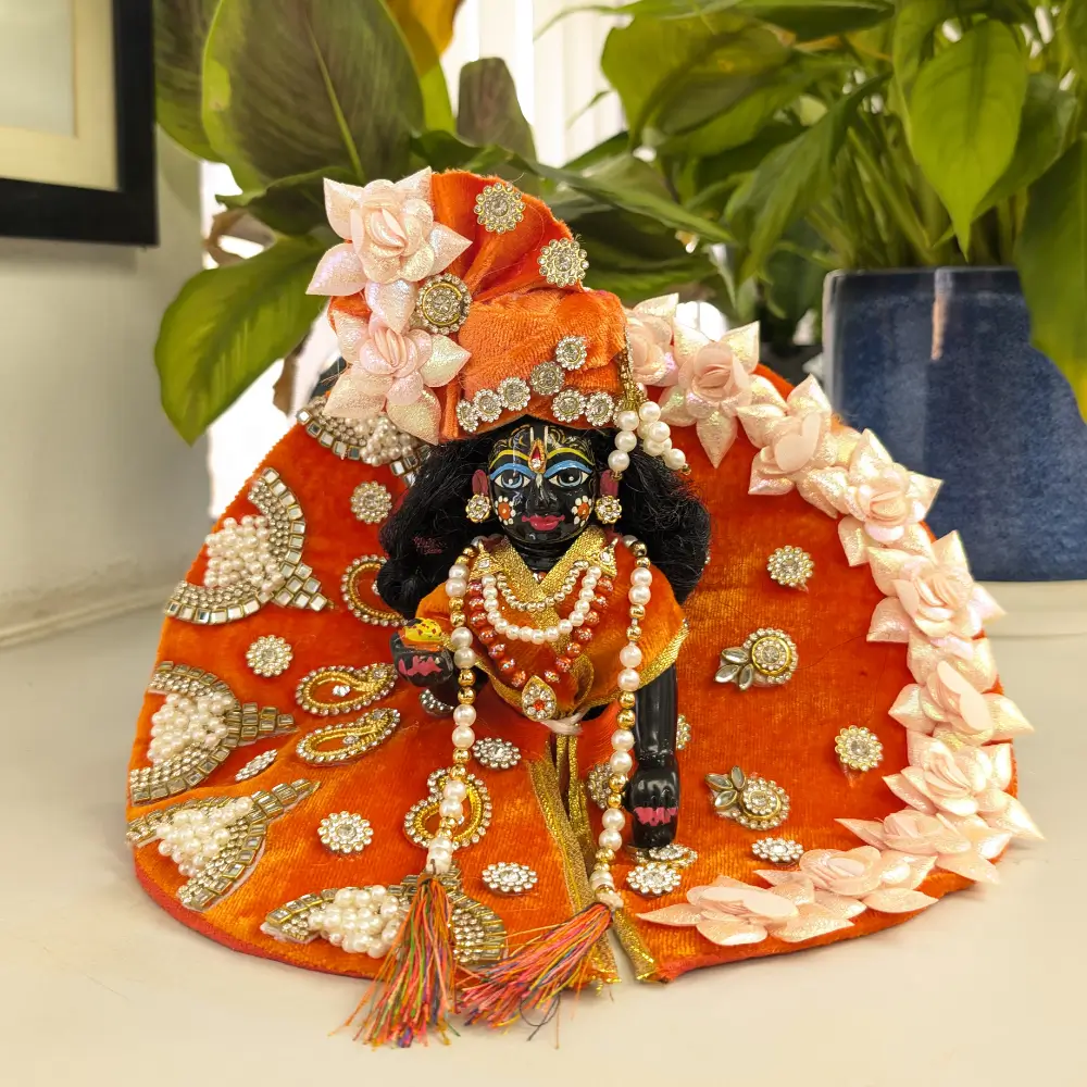 Laddu Gopal dress size 5 orange designer shringar with pearl mala
