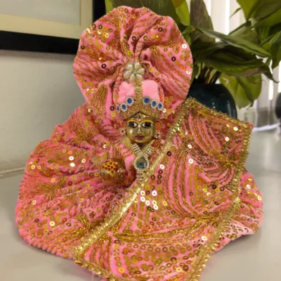 Laddu Gopal Size 5 pink designer poshak with mukut mala and heavy embroidery