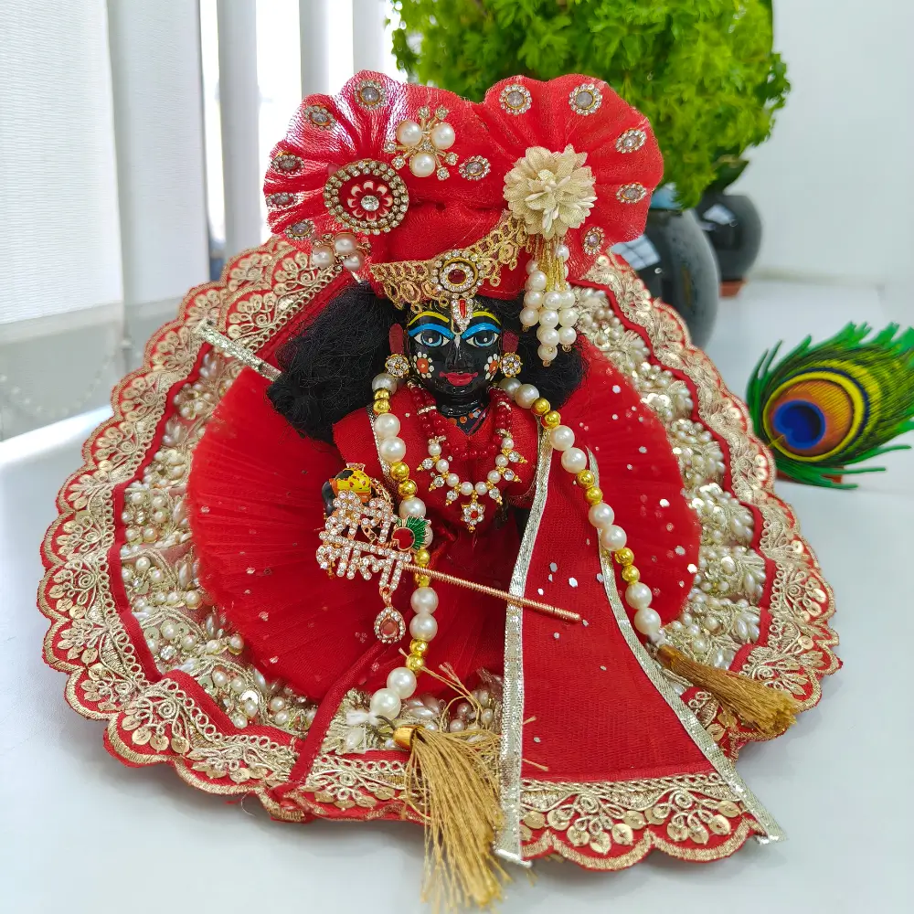 Laddu Gopal red designer poshak with mukut mala and pearl work