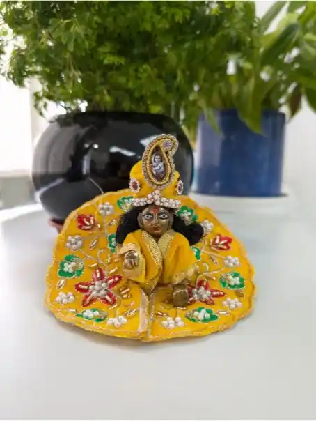 Size 0 Yellow Velvet Laddu Gopal Heavy Sequin Work Poshak Mahashringar