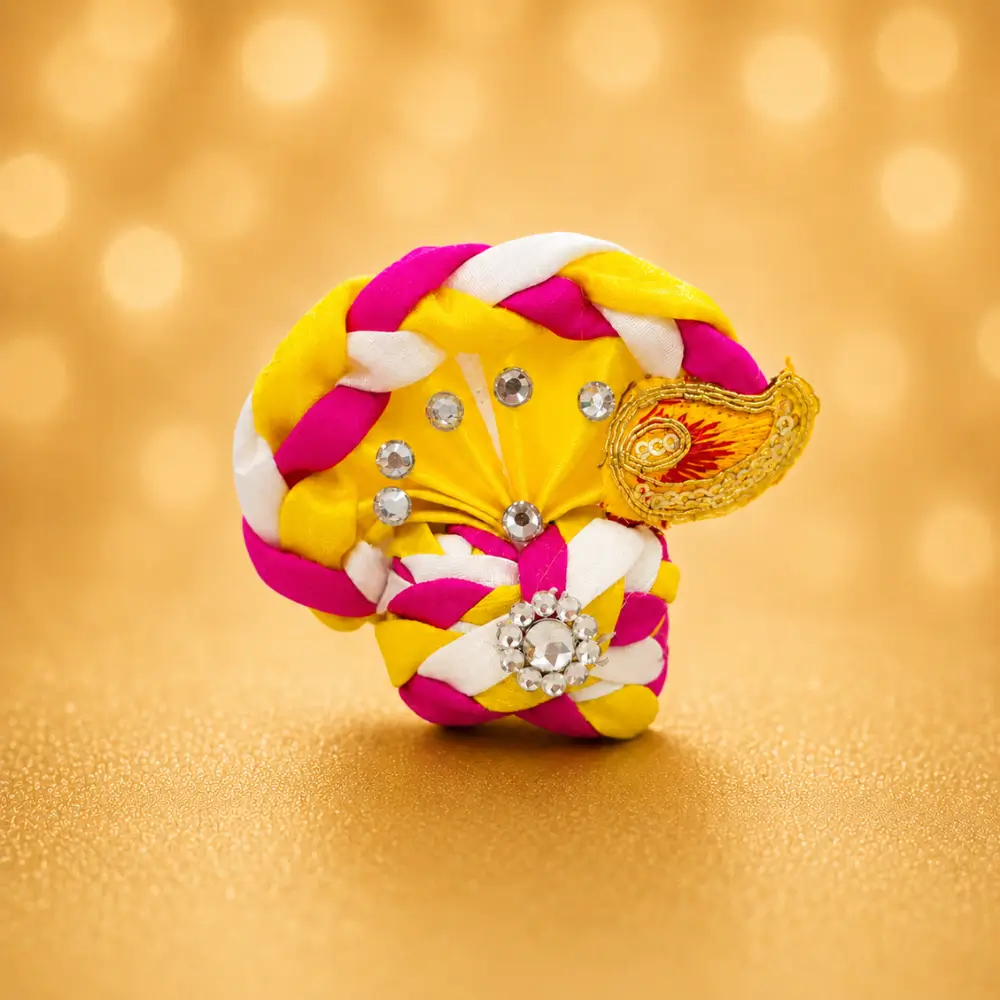 laddu gopal fancy pagdi on laddu gopal yellow pink