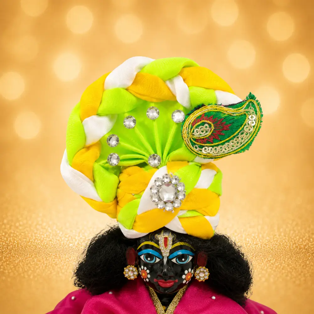 laddu gopal designer pagdi green yellow white front view.