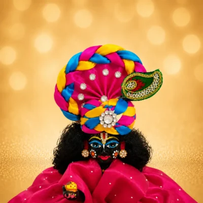 laddu gopal designer pagdi pink blue yellow front view