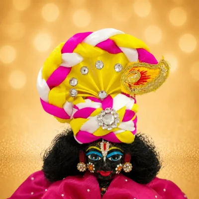 laddu gopal designer pagdi yellow pink white front view