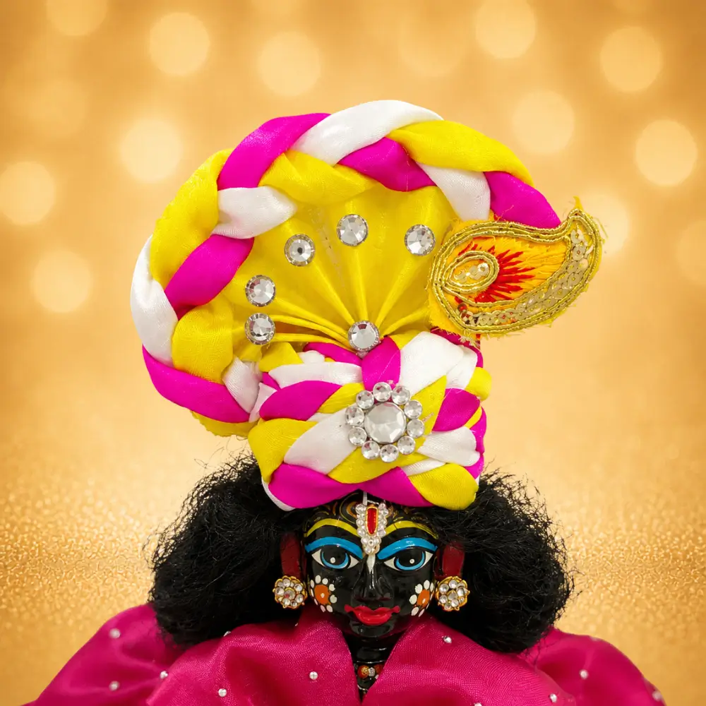 laddu gopal designer pagdi yellow pink white front view