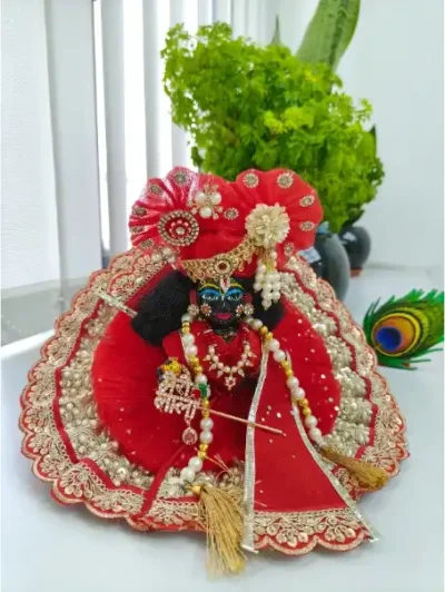 kanha ji red designer dress with mukut and patka