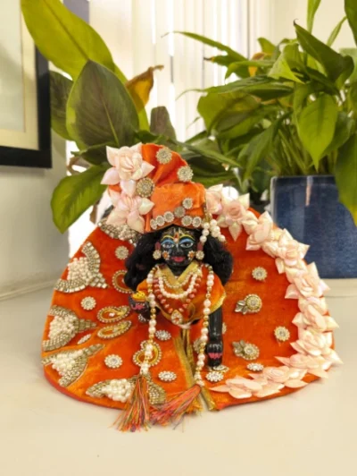 Kausumbhah Orange Laddu Gopal Poshak with Mirror Work