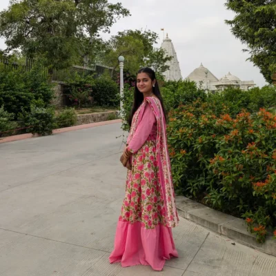 Pink Floral Cotton Gopi Dress for Women – Traditional Radha Outfit Side View