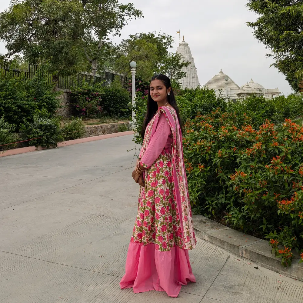 Pink Floral Cotton Gopi Dress for Women – Traditional Radha Outfit Side View