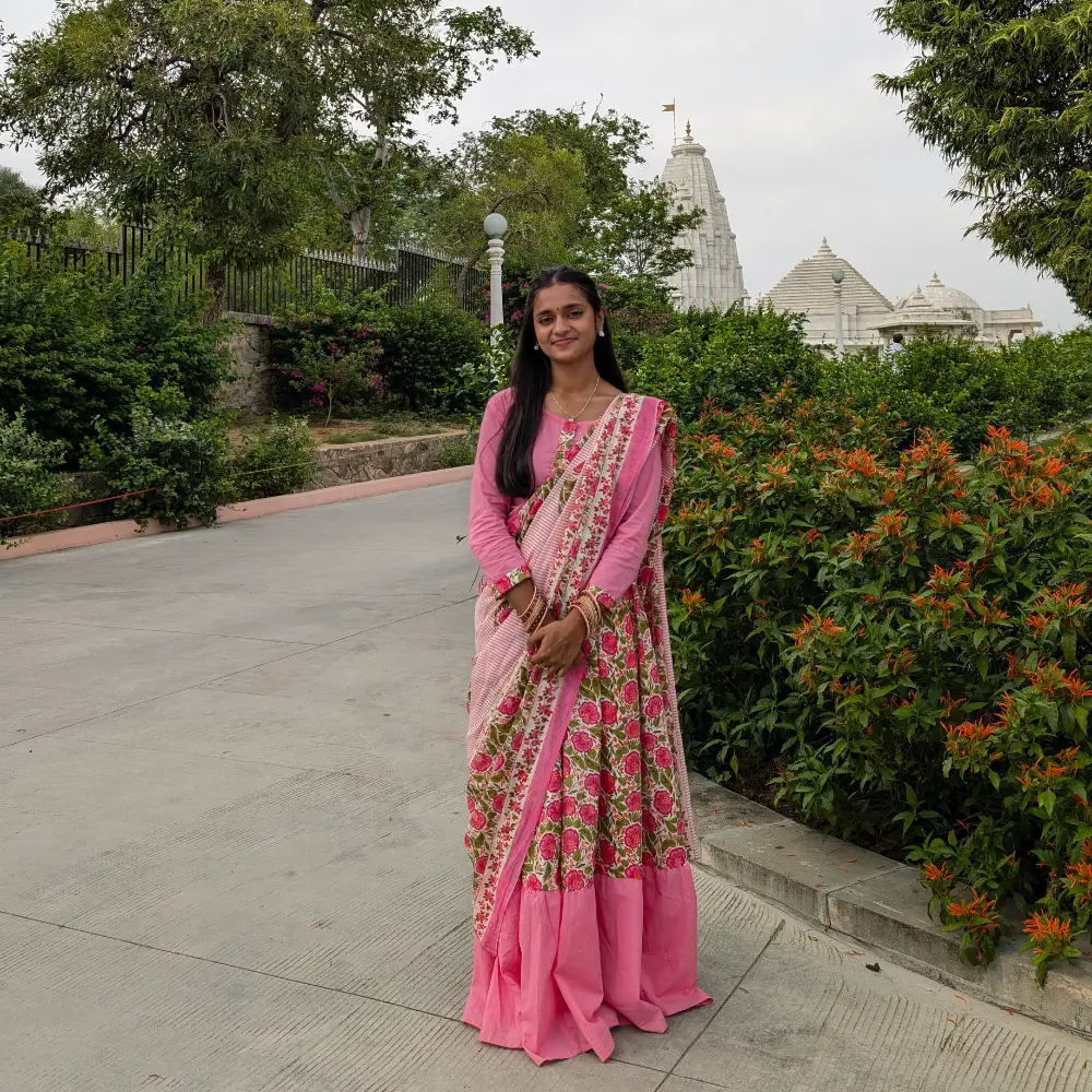 Pink Floral Gopi Dress Vrindavan for Women Cotton Radha Outfit Front View
