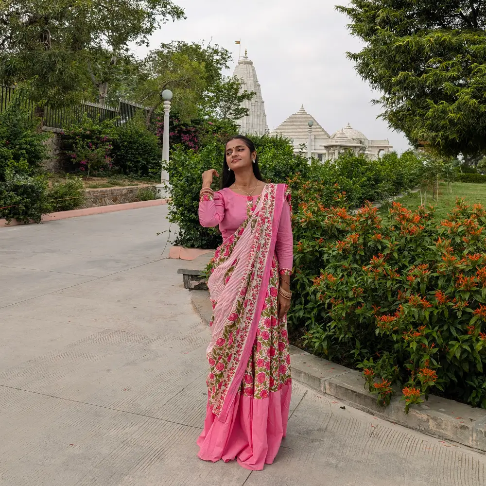 Pink Floral Gopika Dress in Cotton Fabric Traditional Radha Outfit for Women