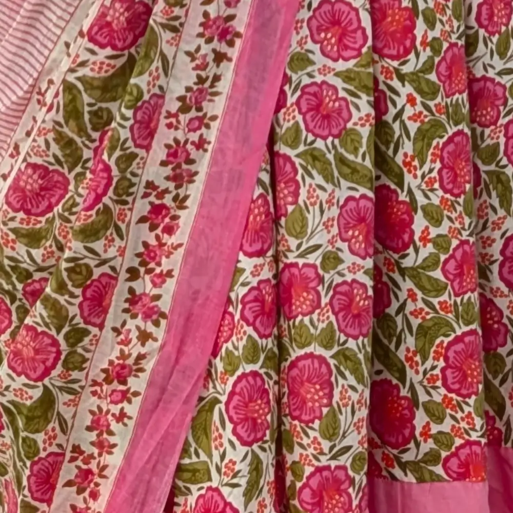 Close up of Pink Cotton Gopika Dress Floral Print Traditional Radha Outfit