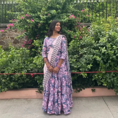 Pink Blue Cotton Gopi Dress for Women – Traditional Radha Outfit Front View