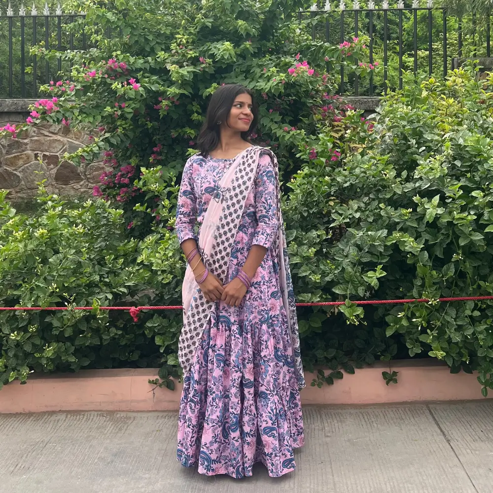 Pink Blue Cotton Gopi Dress for Women – Traditional Radha Outfit Front View