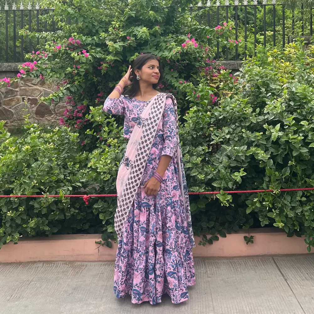 Pink Blue Radha Dress for Women Cotton Gopi Dress Vrindavan Front Standing View